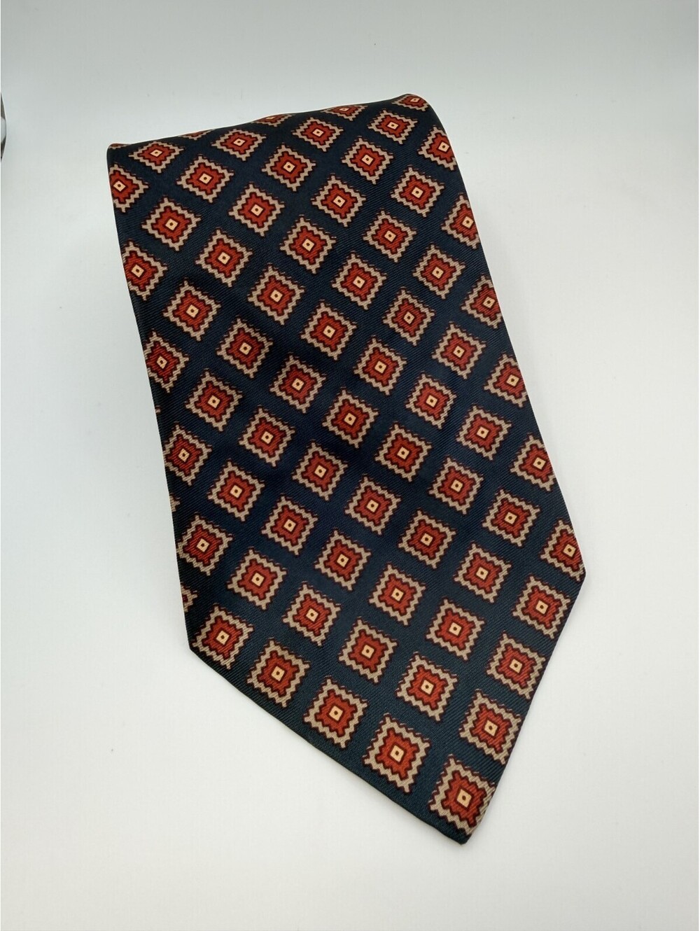 Ungers Mens Necktie Navy Red Tan Aztec Diamond Medallion Pattern